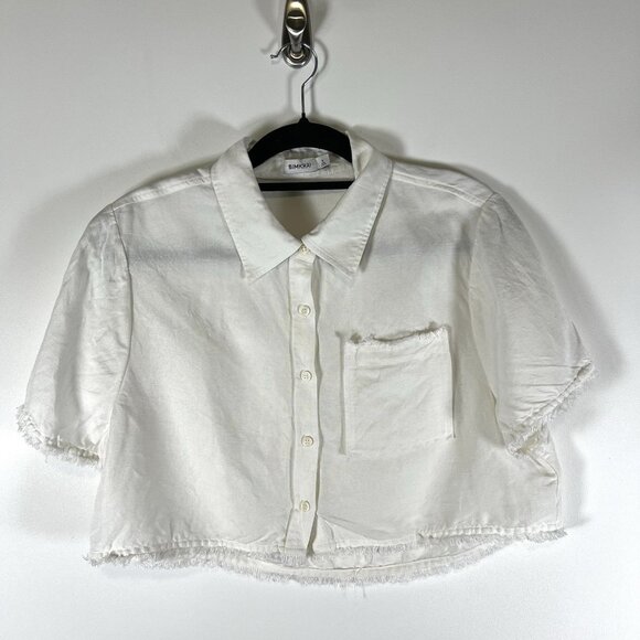 Jonathan Simkhai White Linen Button Up Top Cropped Raw Hem Womens M - Picture 1 of 8